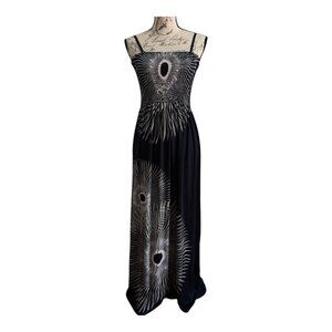 646 MAIN maxi dress, stretchy ruched top, dark blue geometric design.  Full cut.